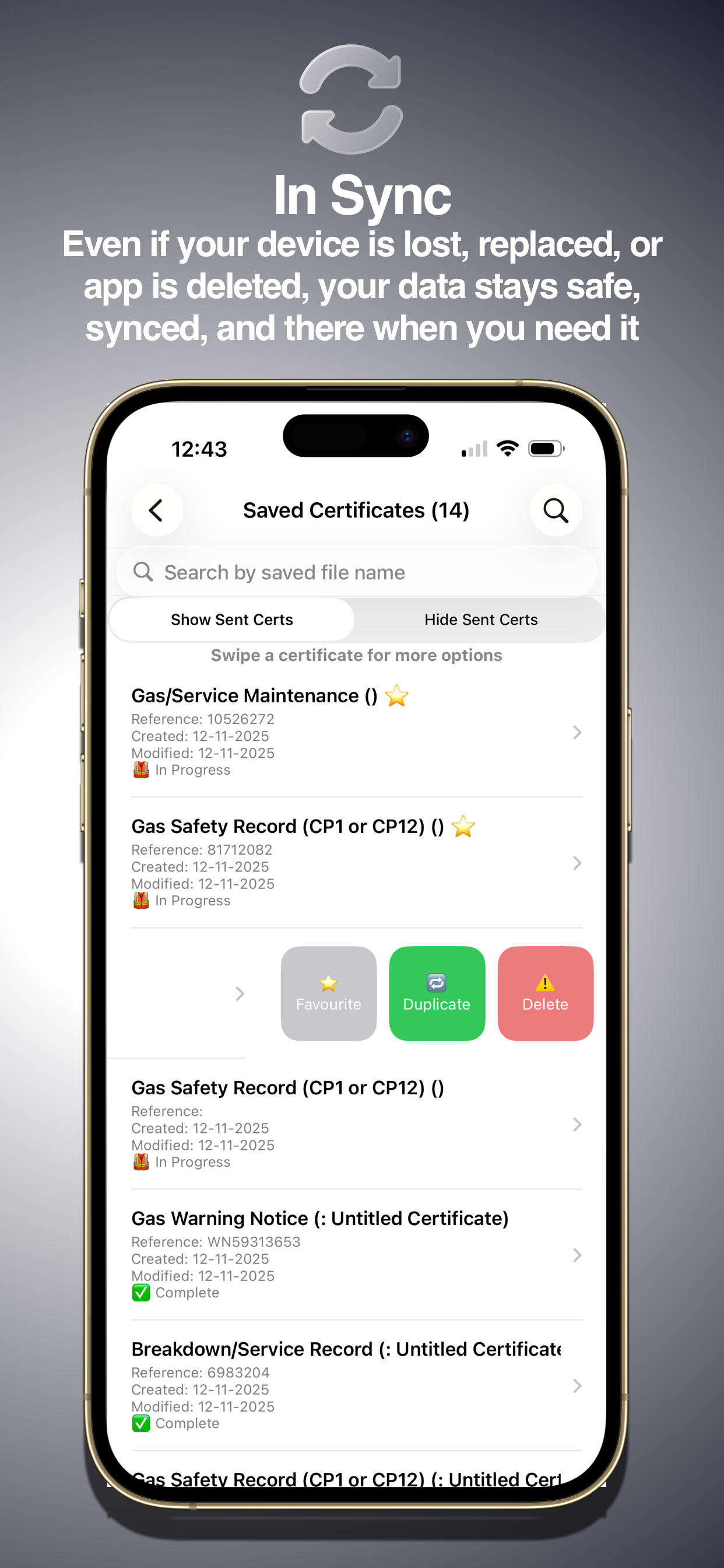 GasCert saved certificates list